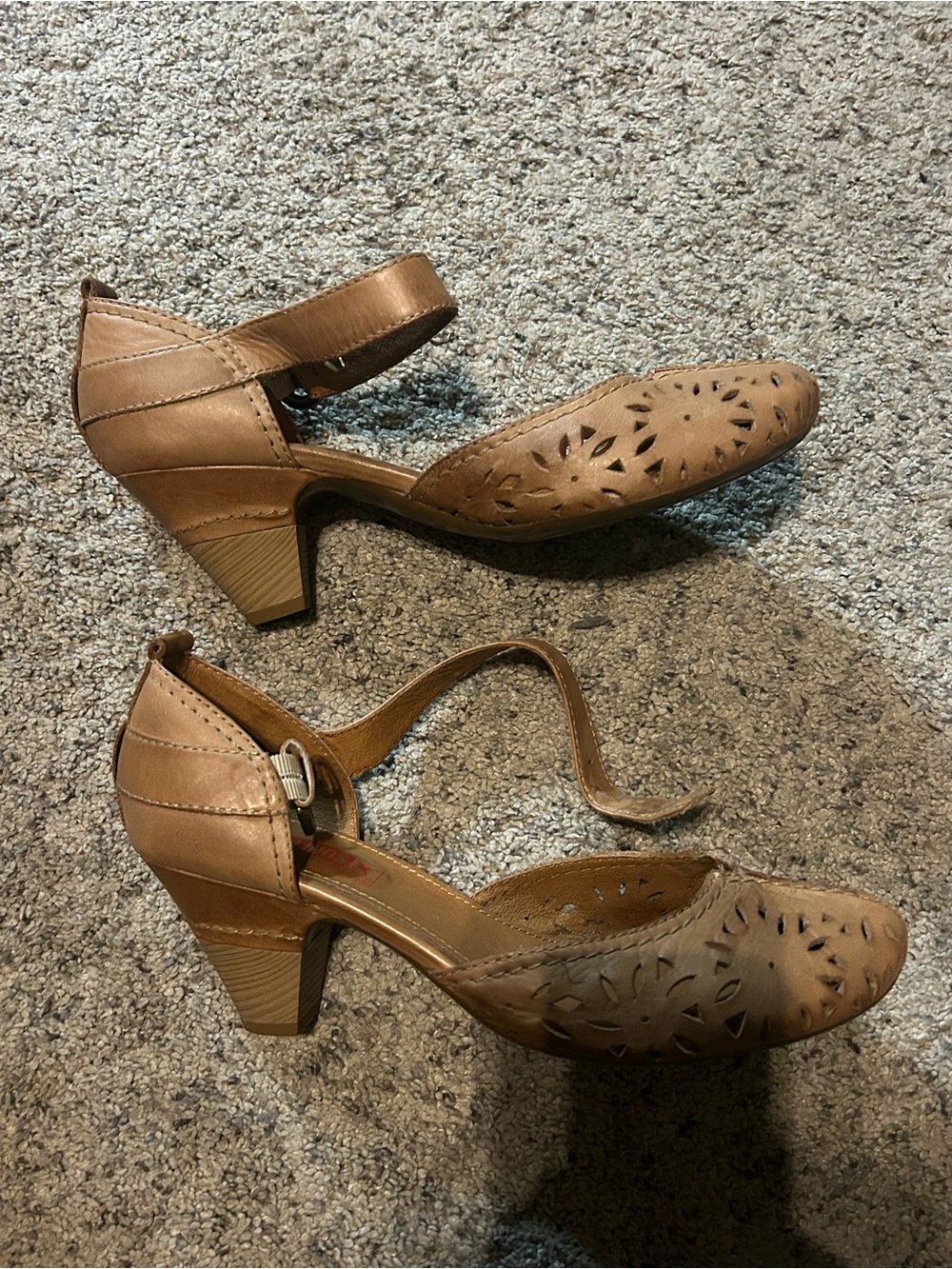 Pikolinos Elba Tan Laser-Cut Mid Heel Pumps with Ankle Strap